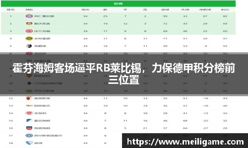 霍芬海姆客场逼平RB莱比锡，力保德甲积分榜前三位置